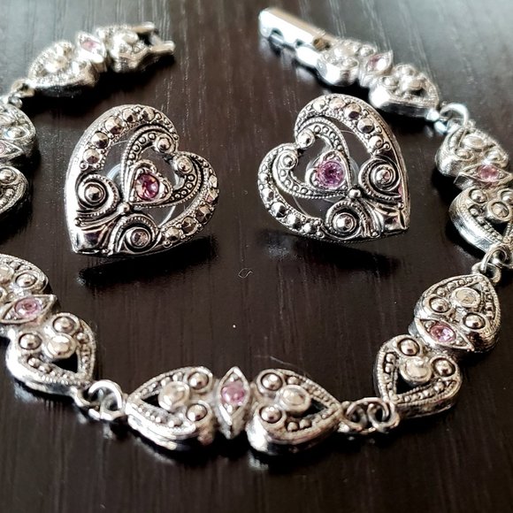 AVON Egyptian Revival Victorian Niello Pink Rhinestone Heart Bracelet & Earrings - Picture 1 of 6
